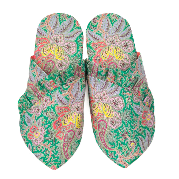 whisper slippers sewing pattern by dhurata davies, the frilled version made in a green floral liberty of london tana lawn cotton fabric